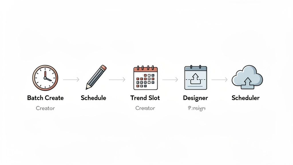A visual workflow showing steps for content creation: Batch Create, Schedule, Trend Slot, Designer, and Scheduler.