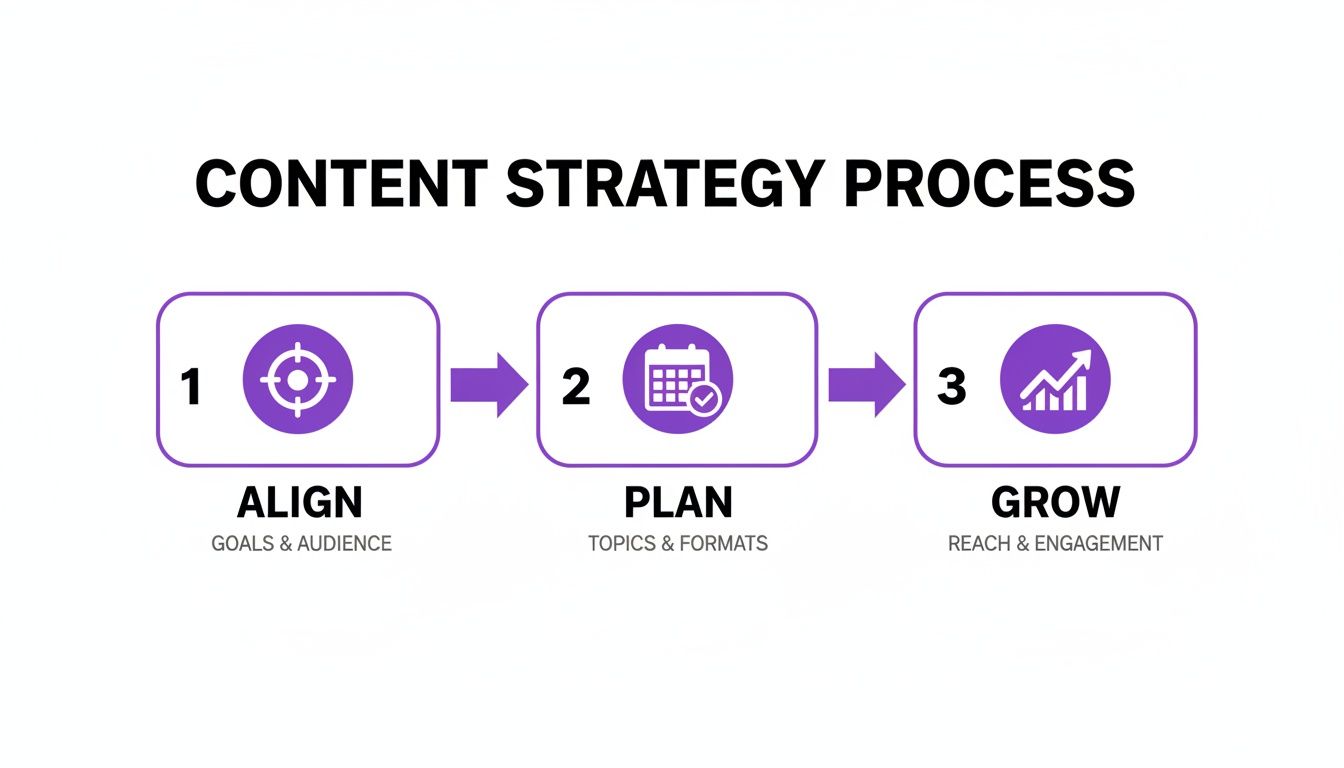 A content strategy process flow with three steps: align goals, plan topics, and grow reach.