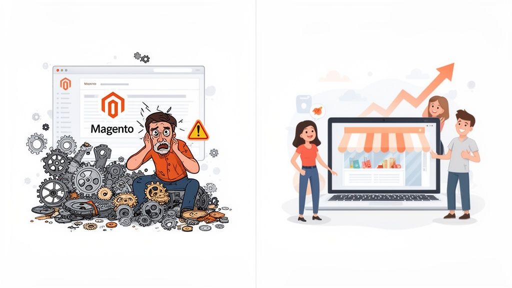 Stressed Magento user surrounded by broken gears versus happy team with a thriving online store and growth.