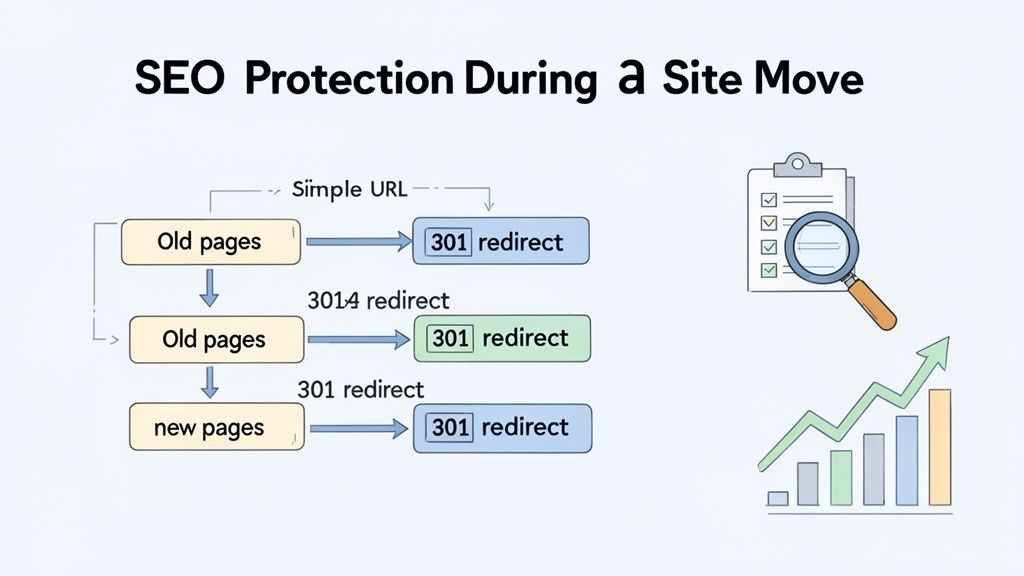 Flowchart illustrating SEO protection during a site move with 301 redirects, a checklist, and growth chart.