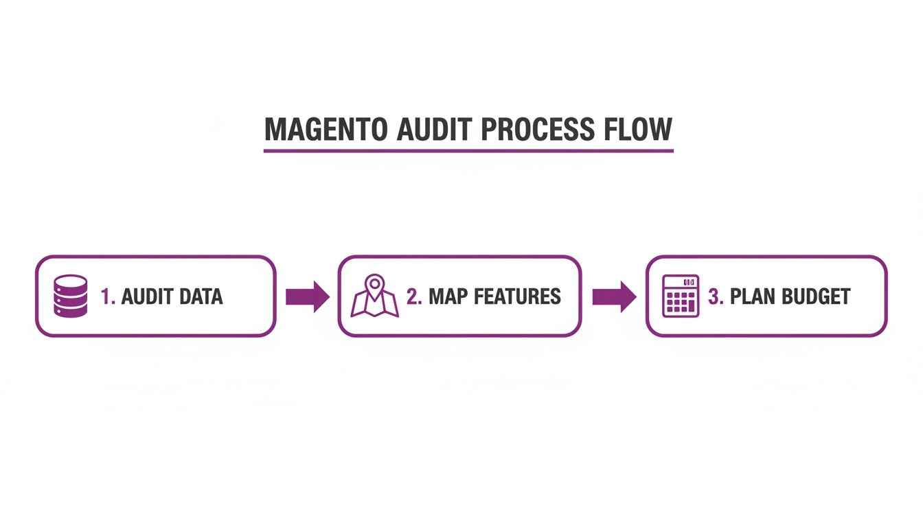 Magento audit process flow diagram illustrating steps: audit data, map features, and plan budget.