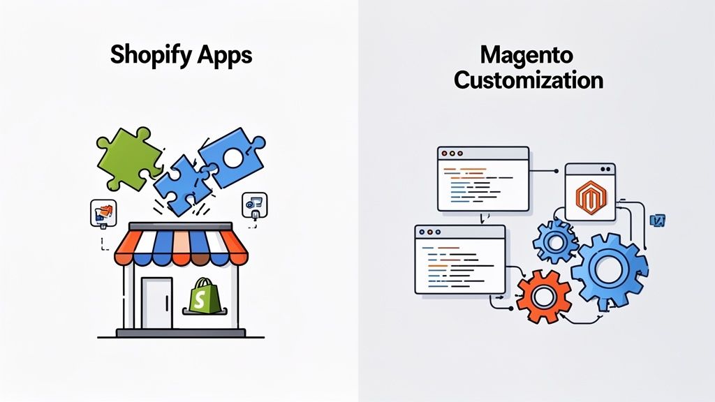 Illustration contrasting Shopify apps with puzzle pieces falling into a store and Magento customization with code and gears.