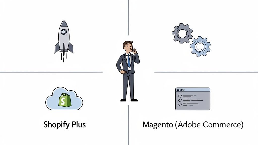 A man contemplates options, comparing Shopify Plus (rocket, cloud) with Magento (gears, code).