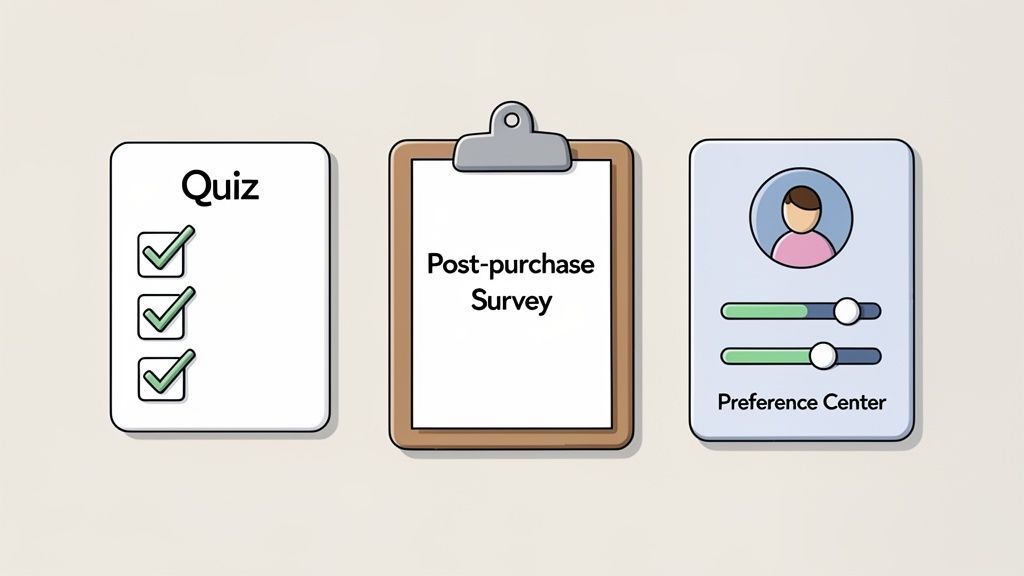 Illustrates zero-party data collection with a quiz, survey, and preference center icons.