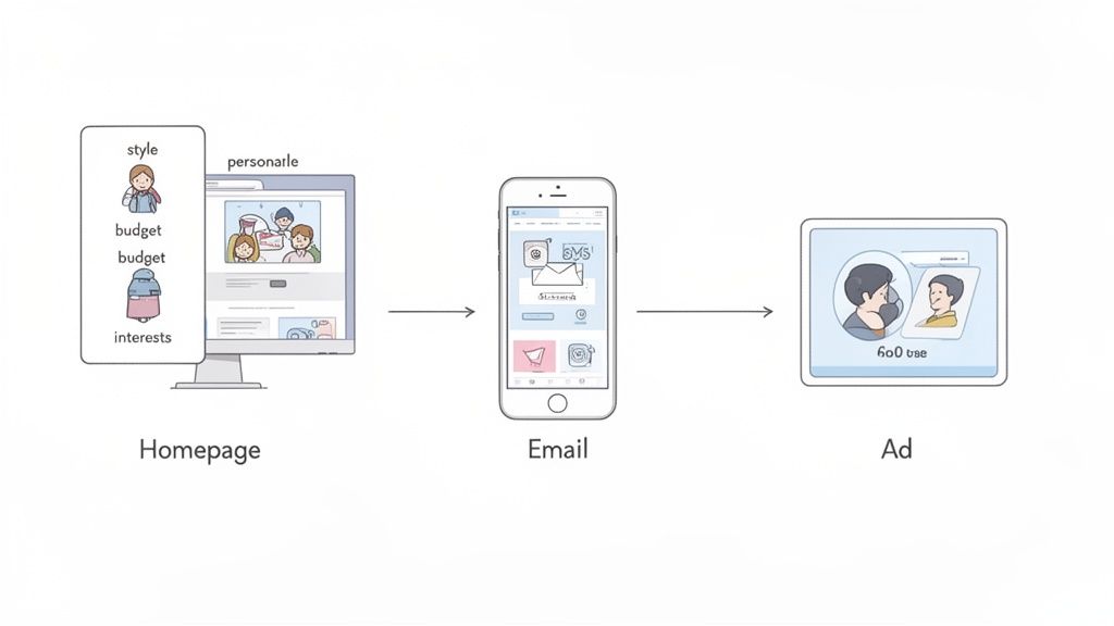 A diagram depicting how user style, budget, and interests from a homepage lead to customized emails and ads.