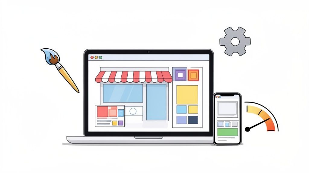Illustration showing web development process with design, configuration, mobile responsiveness, and performance for an online store.