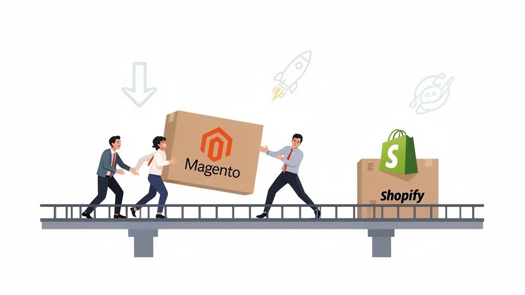 Three people migrating a large Magento box across a bridge towards a Shopify box, symbolizing e-commerce platform migration.
