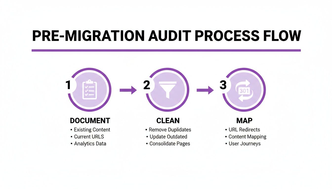 Visualizing a pre-migration audit process flow with steps for documenting, cleaning, and mapping content.