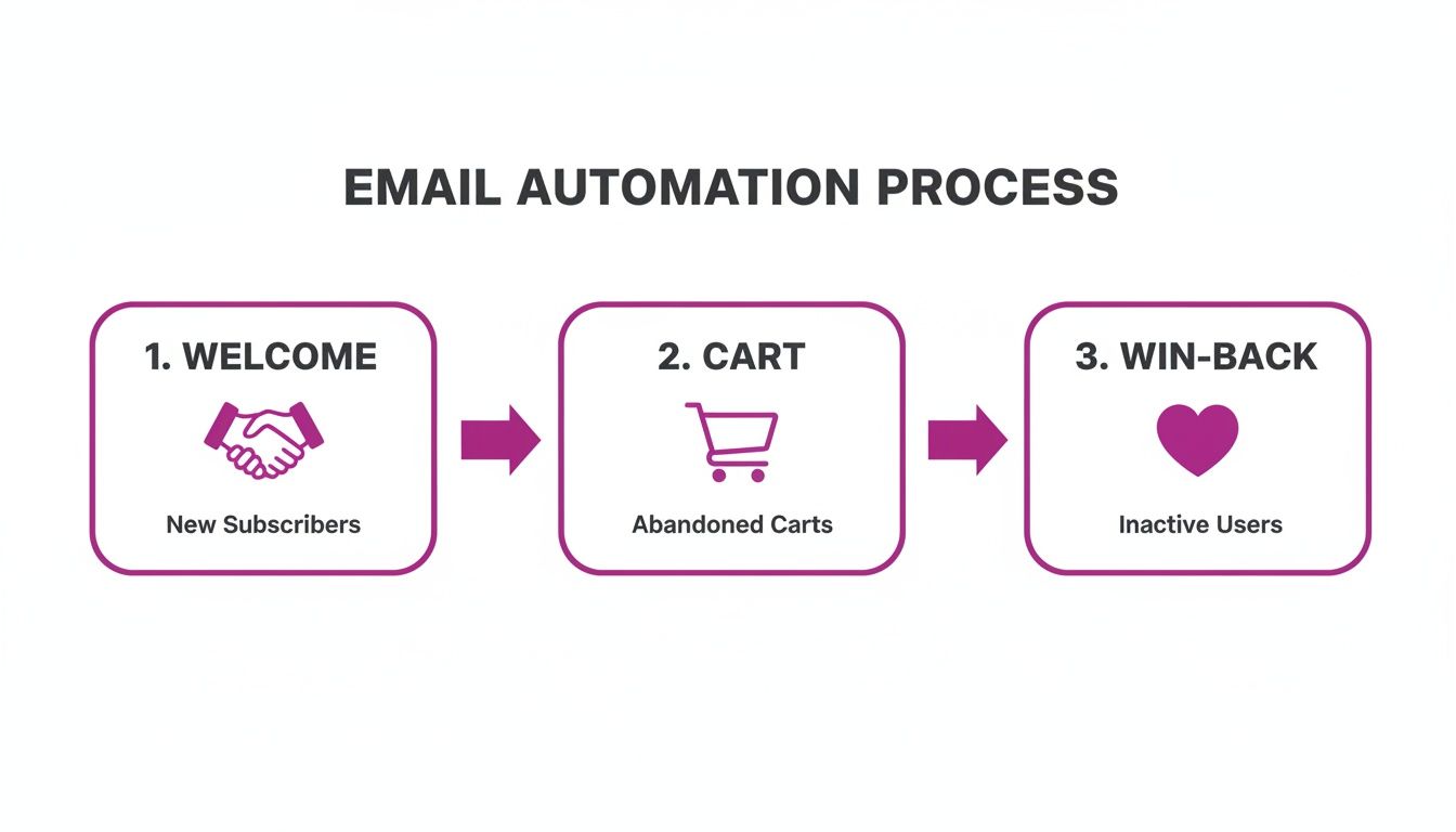 Email automation process diagram showing welcome, cart abandonment, and win-back stages for users.