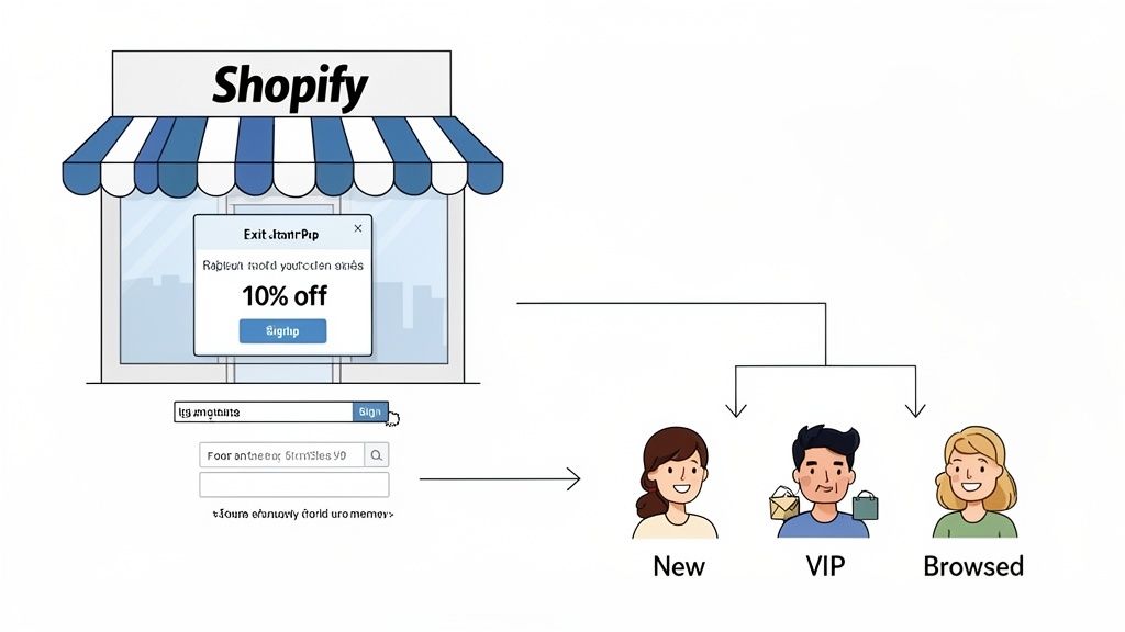 Illustration of a Shopify store with an exit-intent popup, leading to customer segmentation for email marketing.