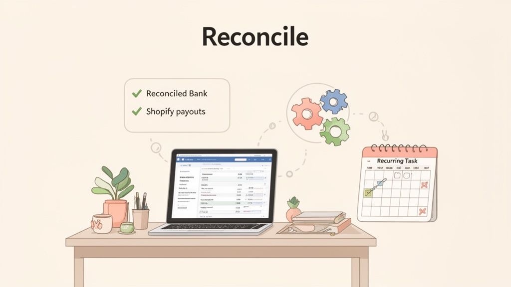 Illustration of a laptop displaying accounting software, 'Reconcile' text, 'Shopify payouts', and a recurring task calendar.