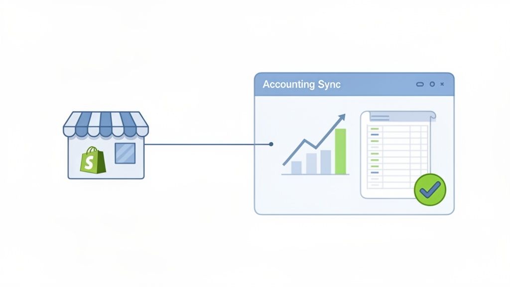 Illustration showing a Shopify store syncing financial data with an accounting software, indicating successful integration.
