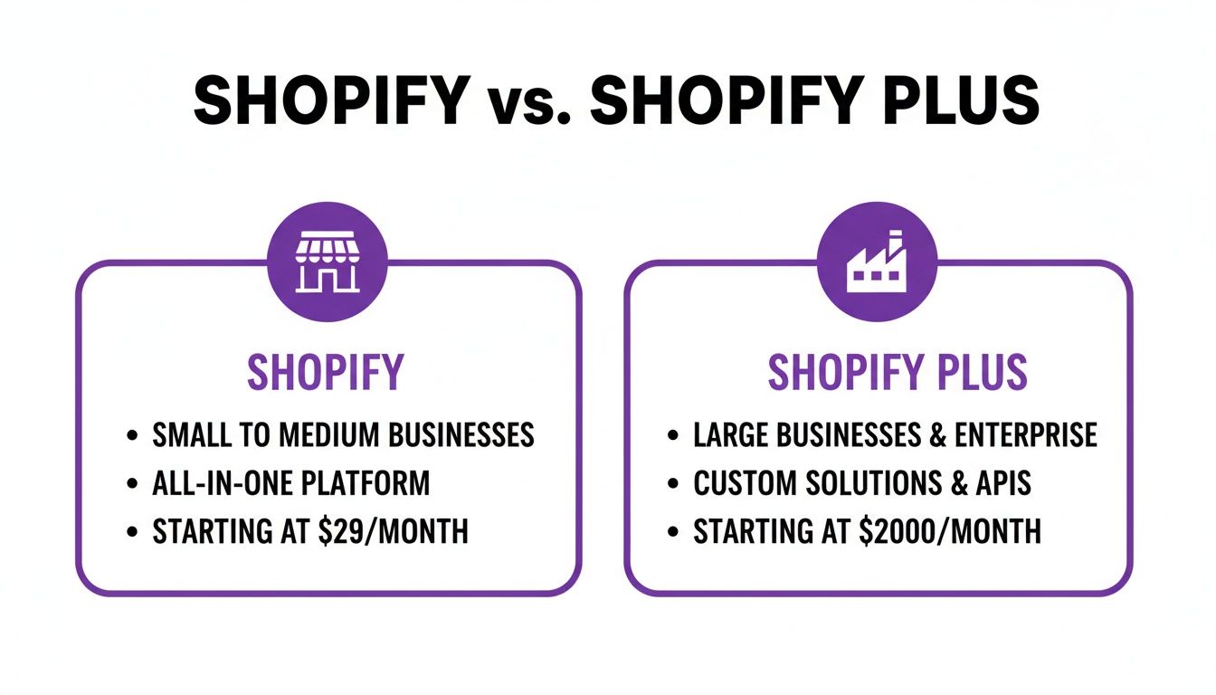 A comparison chart highlighting the key differences between Shopify and Shopify Plus features and pricing.