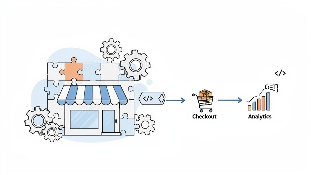 Illustration of an e-commerce platform integrating checkout and analytics using APIs, built with modular components.