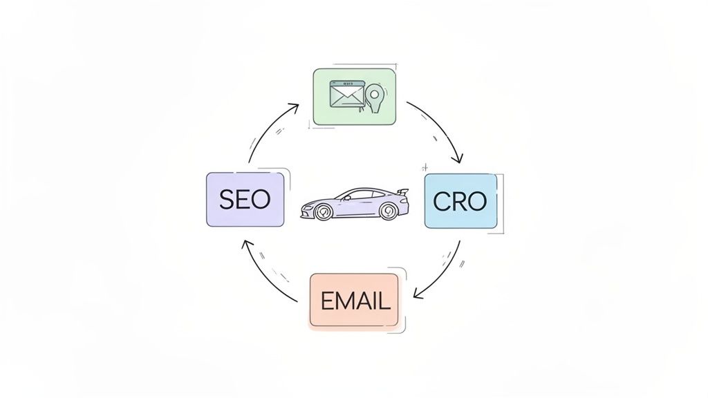A marketing cycle diagram illustrating SEO, a message icon, CRO, and Email strategies around a car.