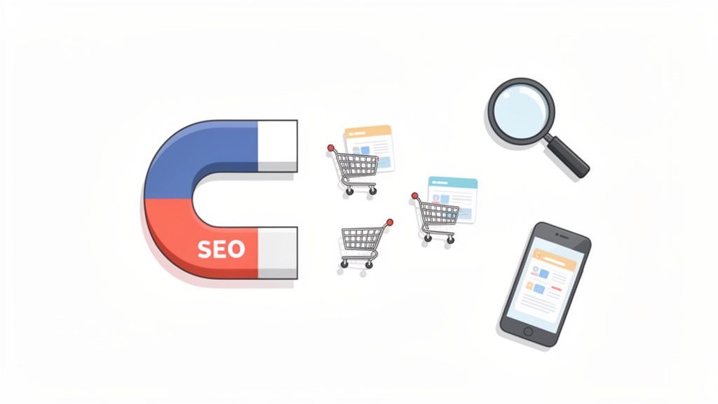 SEO magnet attracting online shopping carts, a magnifying glass, and a smartphone with product pages.