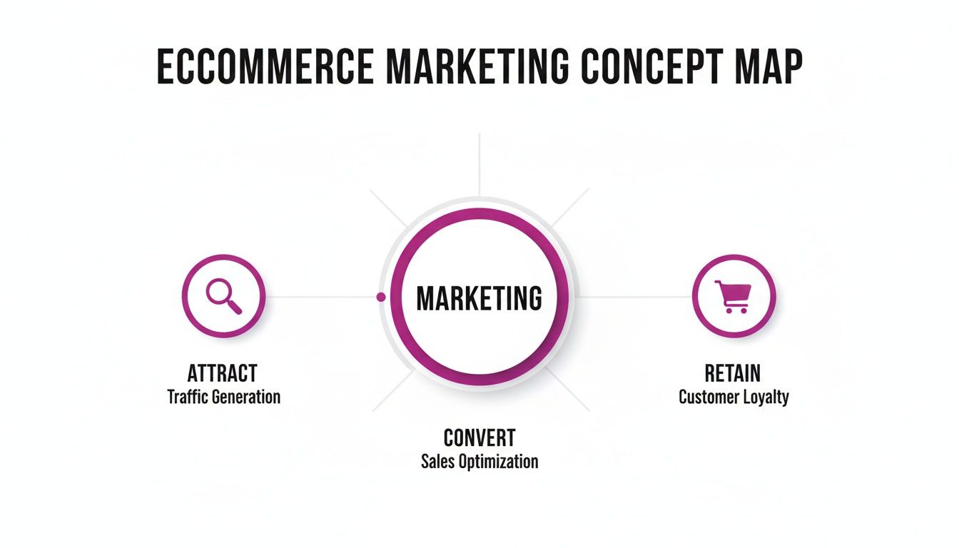 An e-commerce marketing concept map showing attract, convert, and retain strategies around marketing.