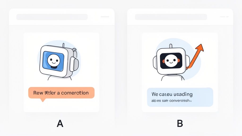 Two side-by-side illustrations feature a friendly robot, one with a blue screen, the other with a growth arrow.
