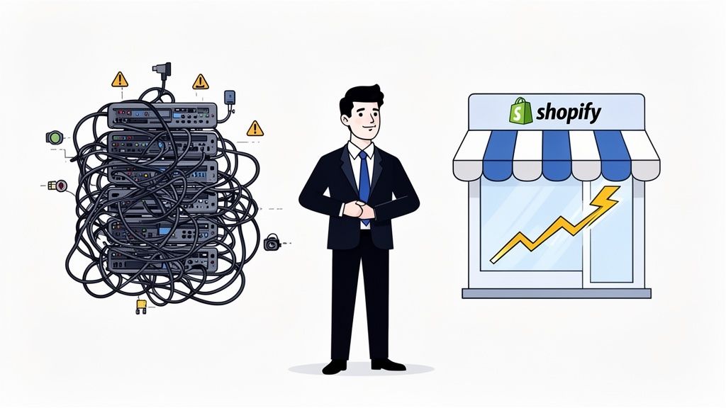 A businessman stands between messy server racks and a successful Shopify store with growing sales.