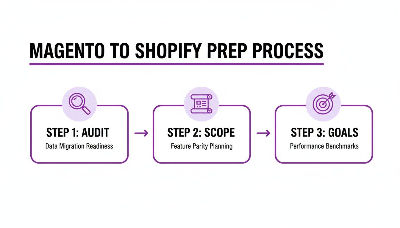 Infographic showing the three-step Magento to Shopify preparation process: Audit, Scope, and Goals.