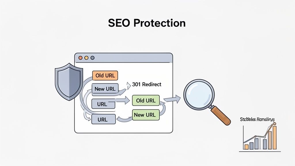 Diagram showing SEO protection using 301 redirects to achieve stable search engine rankings.