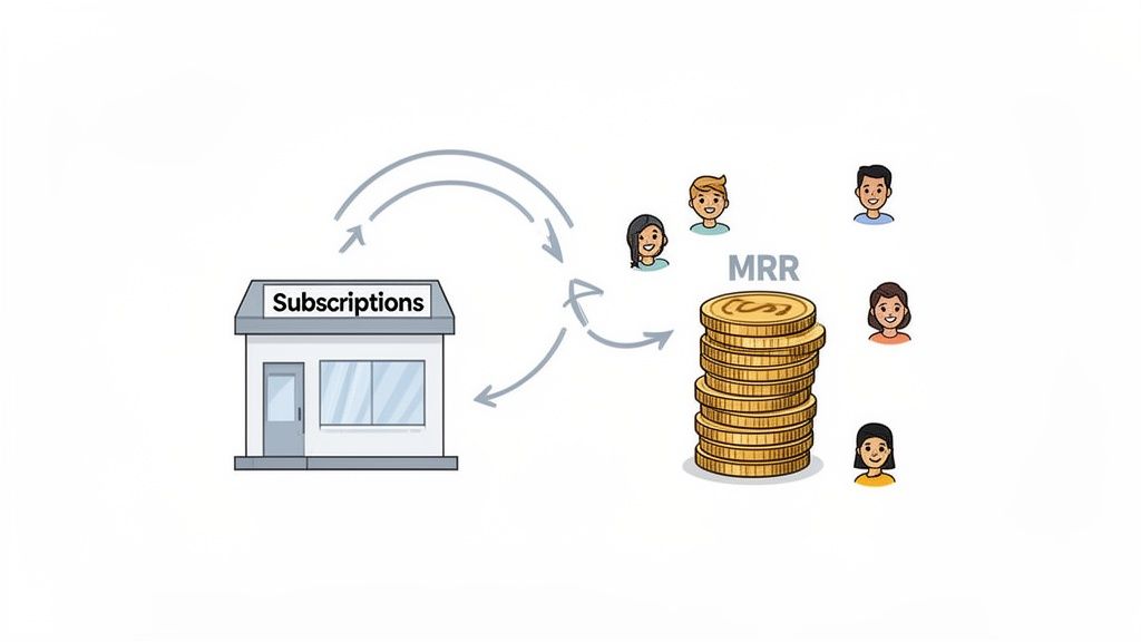 An illustration of a subscription business model, showing customers generating monthly recurring revenue (MRR) for a service.