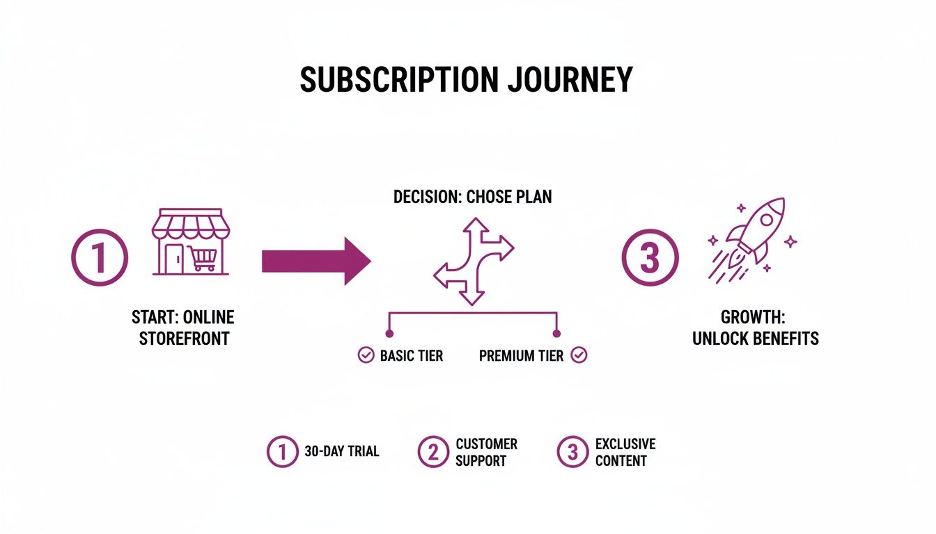 A subscription journey diagram showing steps from online storefront to plan decision and growth.