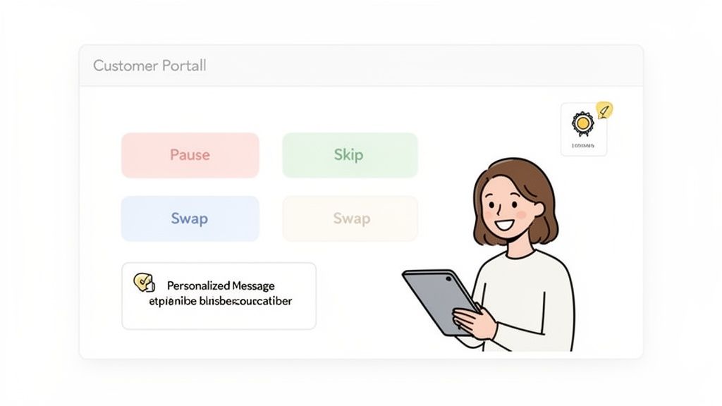 A user interface displaying a customer portal with options like pause, skip, and swap, alongside a woman using a tablet.