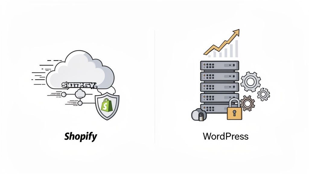 Illustration comparing Shopify's cloud e-commerce platform with WordPress's self-hosted server solution.
