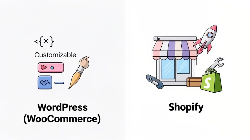 Comparison graphic showing WordPress (WooCommerce) as customizable and Shopify as a ready e-commerce solution.