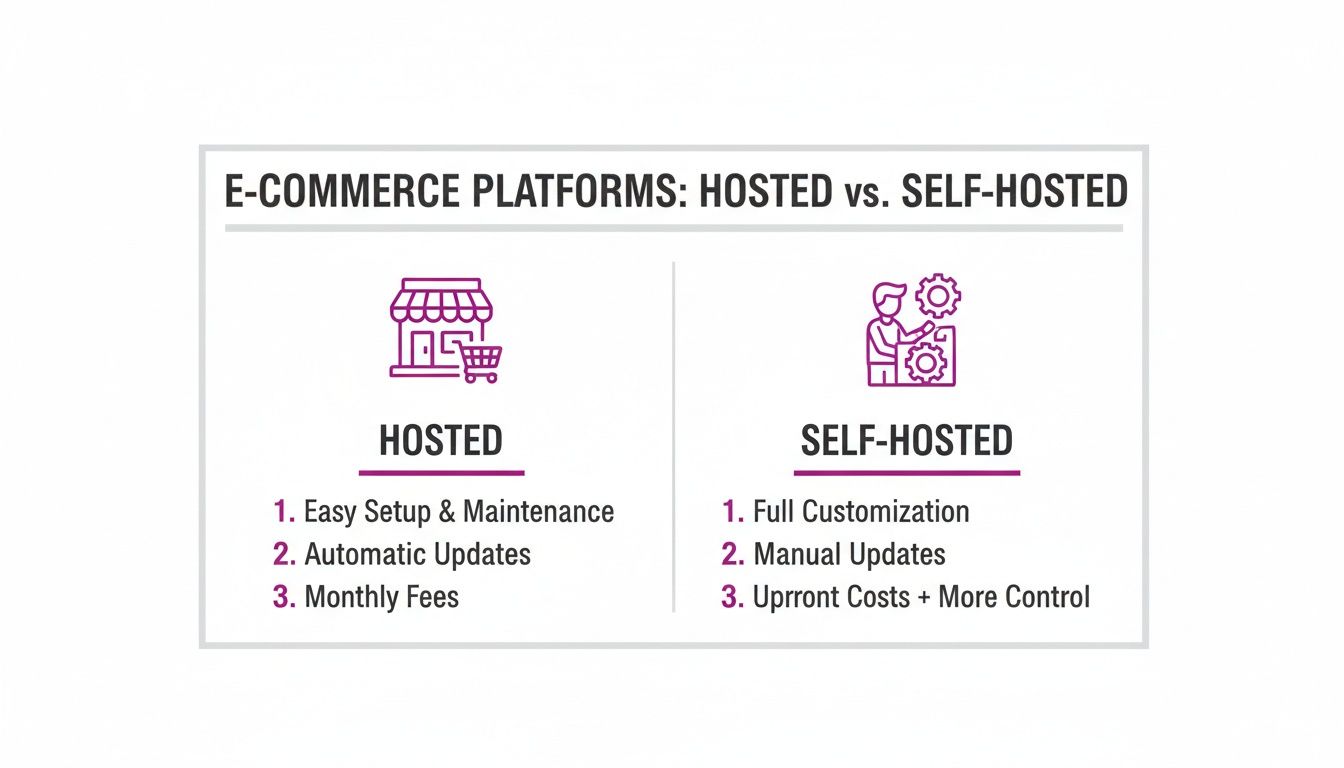 Comparison table detailing hosted and self-hosted e-commerce platform features, including setup, updates, and costs.