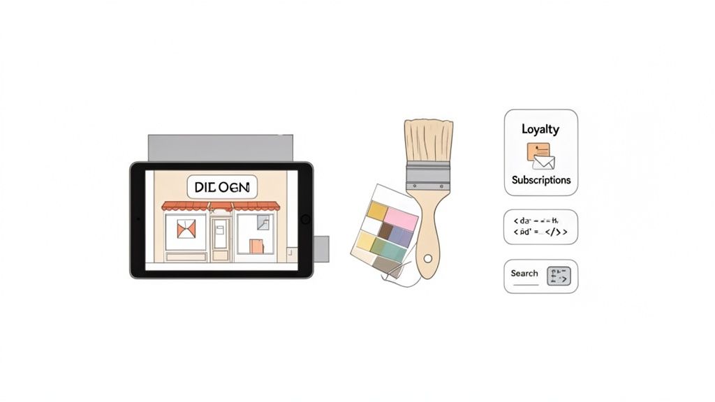 Digital commerce concepts: a tablet displaying a storefront, a paint brush, color palette, and loyalty/search icons.