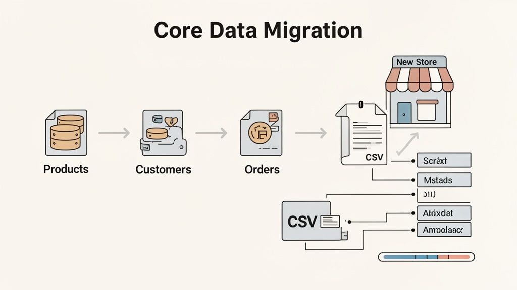 Diagram showing core data migration process from products, customers, and orders to a new store, utilizing CSV files.