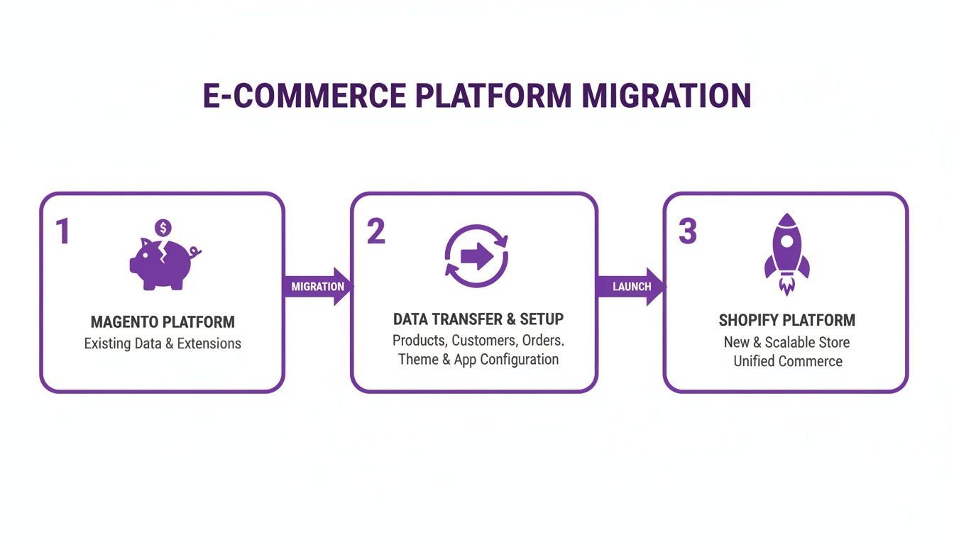 Infographic outlining the e-commerce migration process from Magento to Shopify, including data transfer and setup.