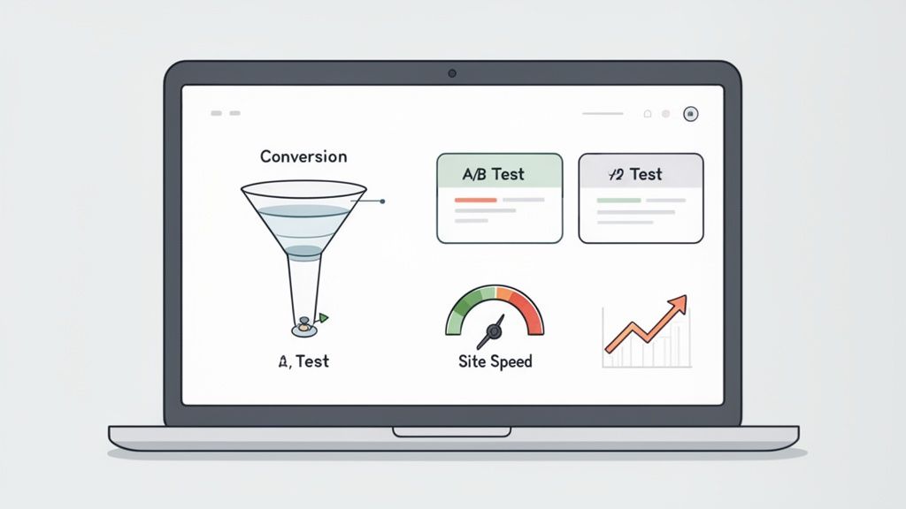 A laptop screen displaying various website optimization metrics, including a conversion funnel, A/B tests, and site speed.
