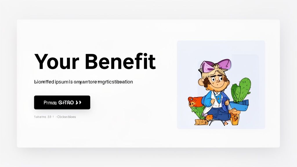 A clean landing page design showcasing 'Your Benefit' title, placeholder text, and a cartoon character holding potted plants.