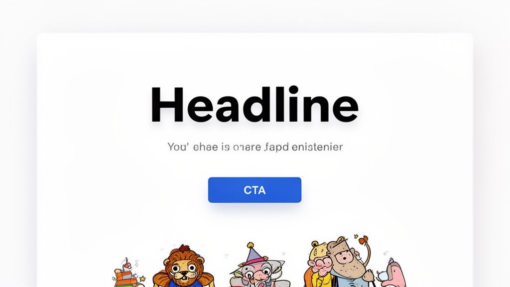 A clean, modern landing page design with a prominent headline, subtitle, and a blue CTA button.