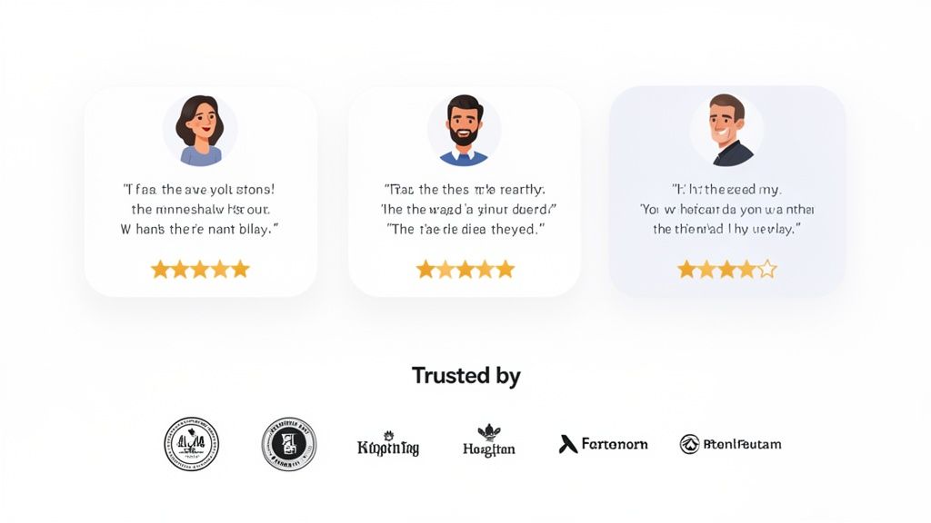 A webpage section displaying three customer testimonials with star ratings and a 'Trusted by' section with logos.