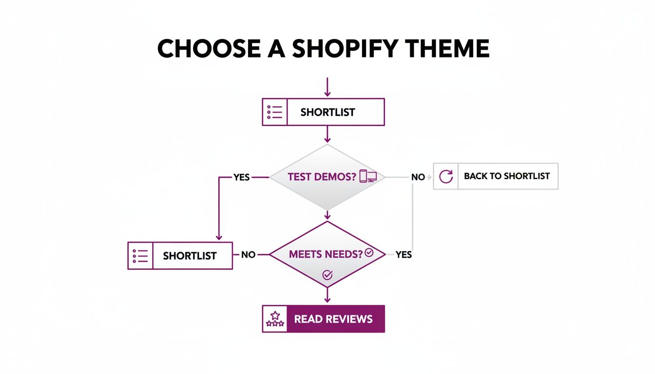 Flowchart illustrating the process of choosing a Shopify theme, from shortlisting to reading reviews.