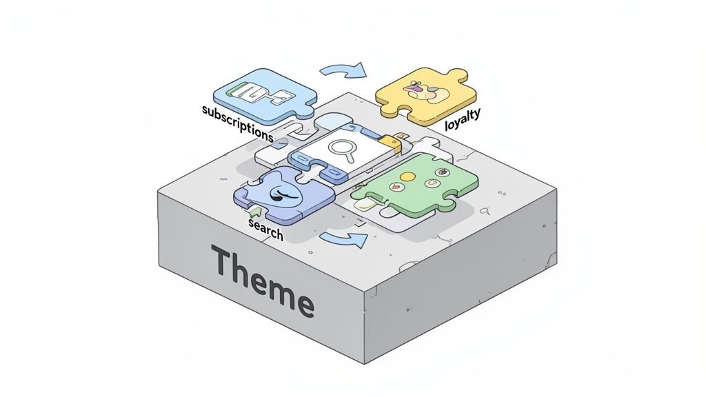 Puzzle pieces for subscriptions, loyalty, and search connect to a smartphone on a 'Theme' block, illustrating interconnected concepts.