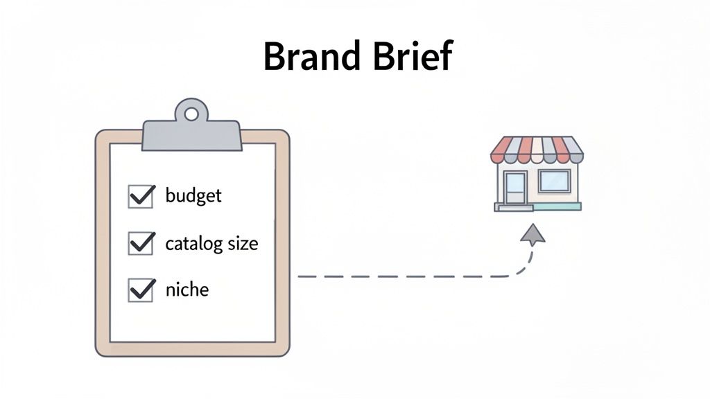 A brand brief clipboard with budget, catalog size, and niche checked, pointing to a shop icon.