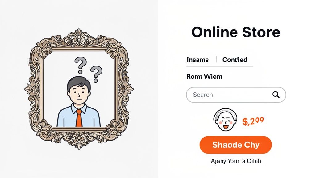 A confused cartoon man in a decorative frame next to an online store interface.