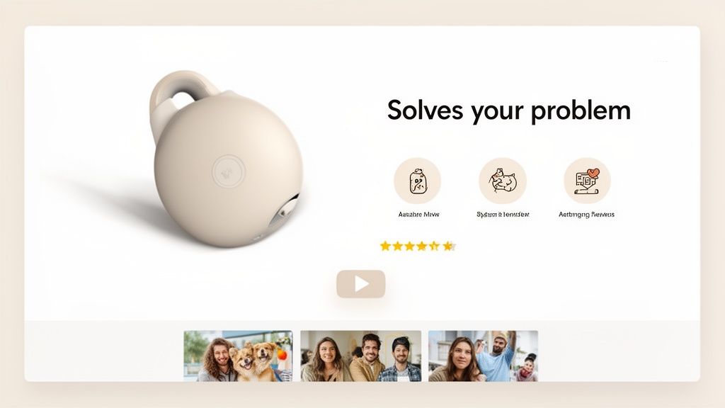 A clean product page layout featuring a beige spherical device, problem-solving benefits, customer reviews, and a video option.