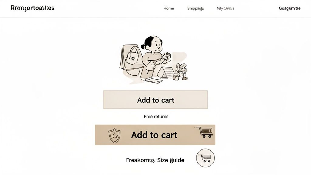 User interface of a product page, featuring an illustration, multiple add-to-cart buttons, and return information.