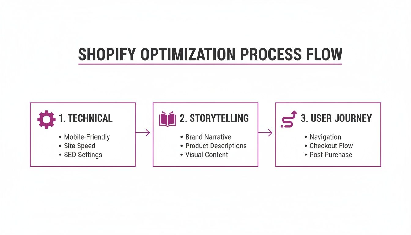 A Shopify optimization process flow diagram outlining steps: Technical, Storytelling, and User Journey.