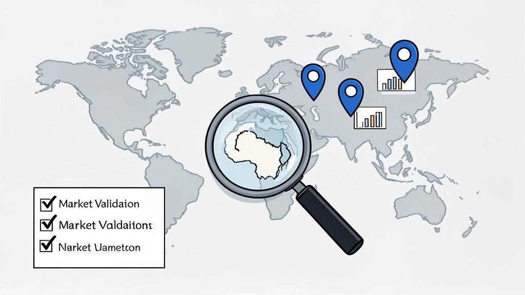 World map with a magnifying glass over Africa, global market pins, and a market validation checklist.