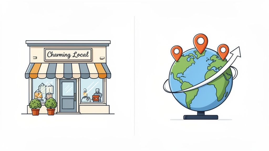 Illustration of a charming local shop alongside a globe with location pins and an upward arrow, signifying global expansion.