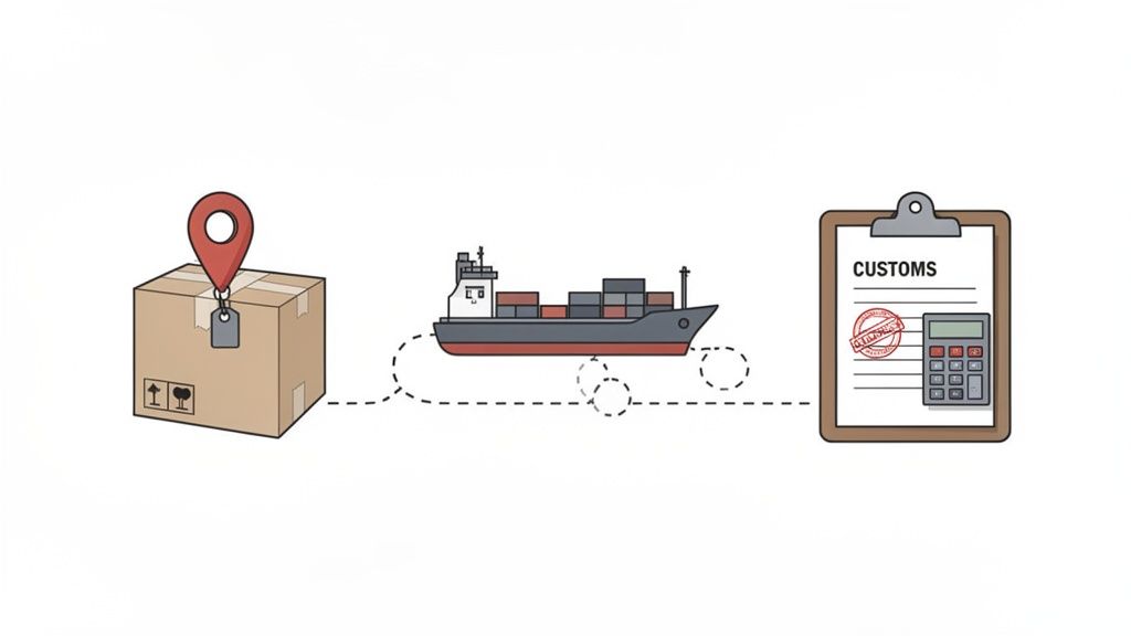 Illustration of a package with a location pin, a cargo ship, and customs documents, depicting international shipping.