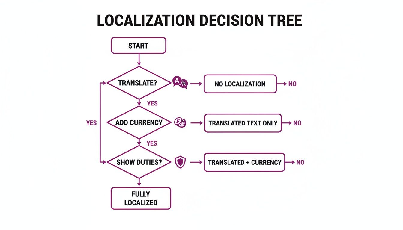 A localization decision tree flowchart for e-commerce, outlining steps for translation, currency, and duties.