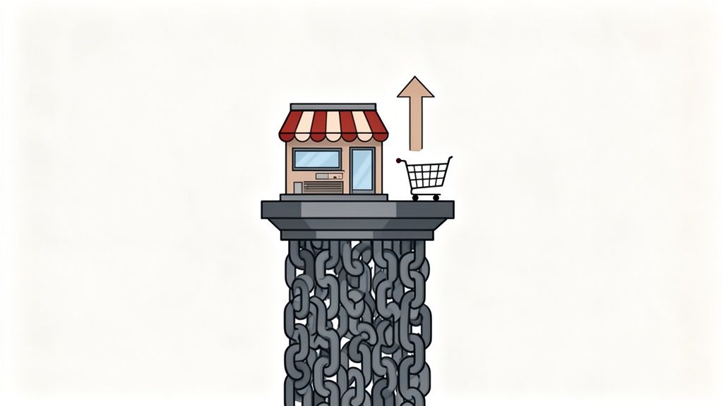 A storefront and shopping cart on a column of chains with an upward arrow, representing growth.